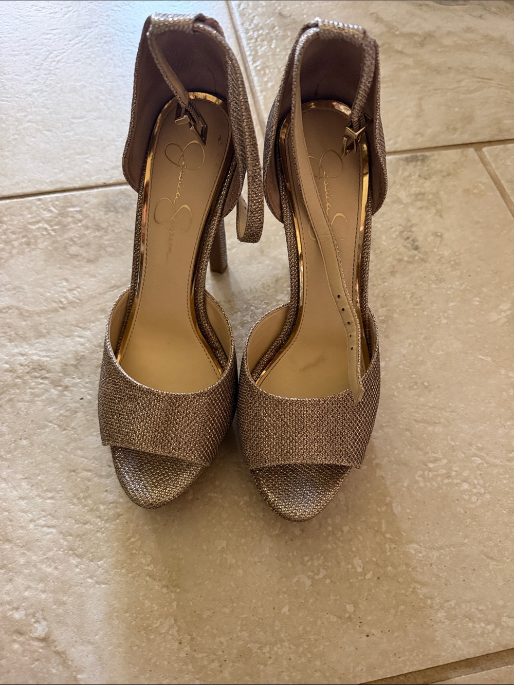 Jessica Simpson Rose Gold Glitter Open-Toe Ankle Strap Heels